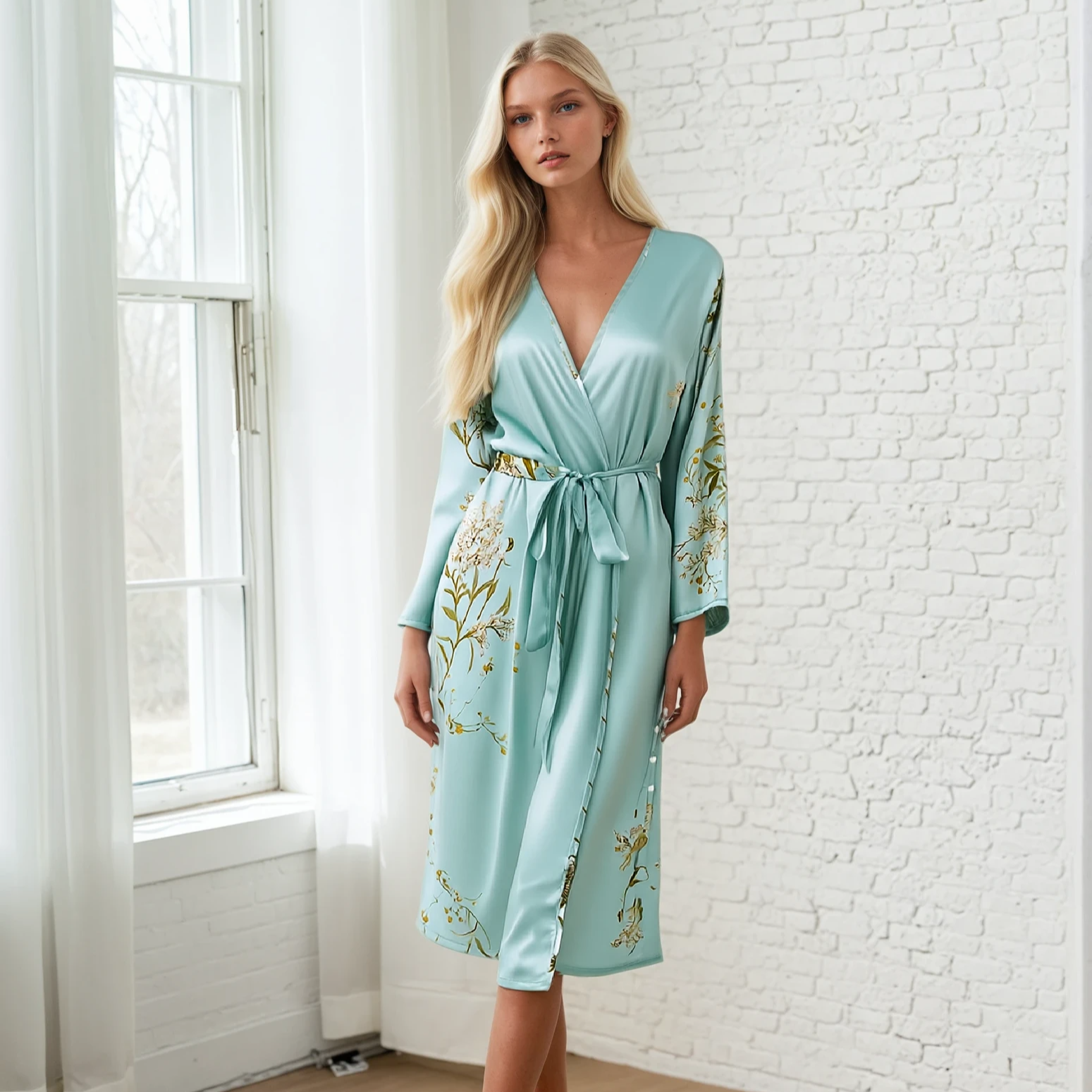 Luxury Cherry Silk Floral Robe – Soft Lightweight Long Sleeve Robe for Women
