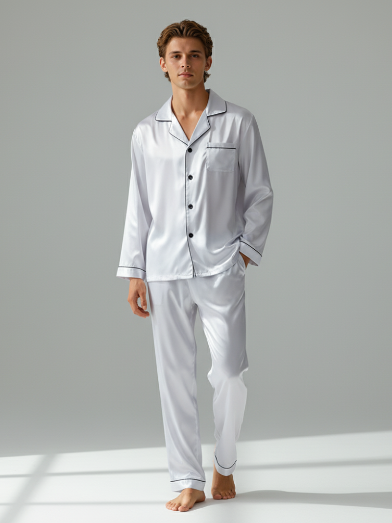 Men's Ice Silk Pajamas – Long Sleeve Pants Set for Spring and Autumn, Casual Summer Silk Suit