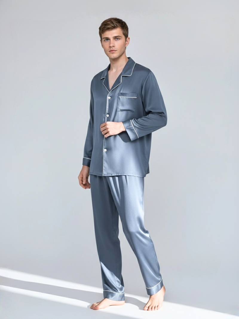 Men’s 100% Mulberry Silk 16 Momme satin crepe Pajama Set Long Sleeve Shirt & Trousers