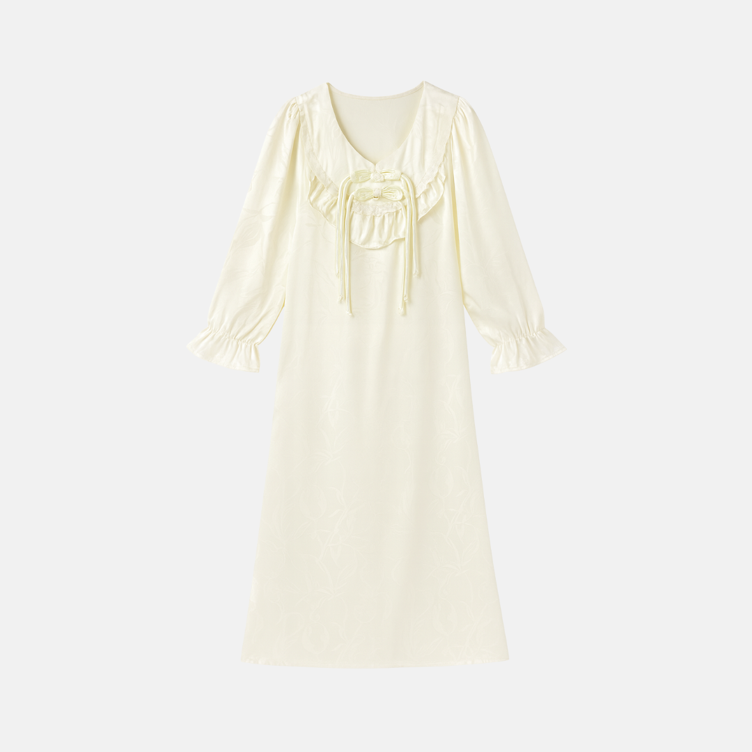 Kids’ Satin Nightgown – Long Sleeve Sleep Dress with Ruffle Collar & Bow Detail