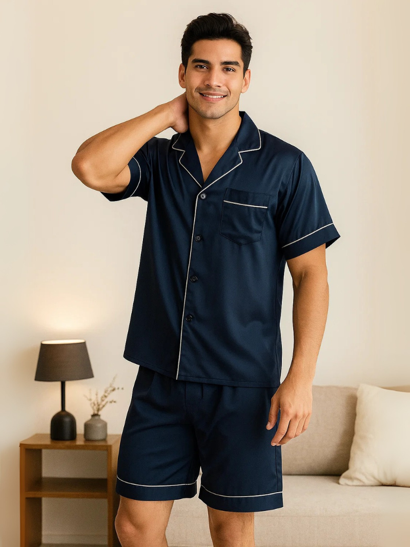 Men’s Ice Silk Pajama Set – Short Sleeve Loose Fit Sleepwear & Homewear Suit