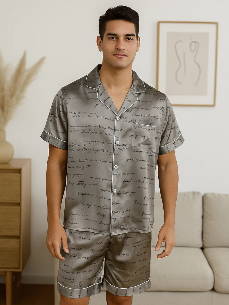 Men’s Ice Silk Pajama Set – Short Sleeve Loose Fit Sleepwear & Homewear Suit
