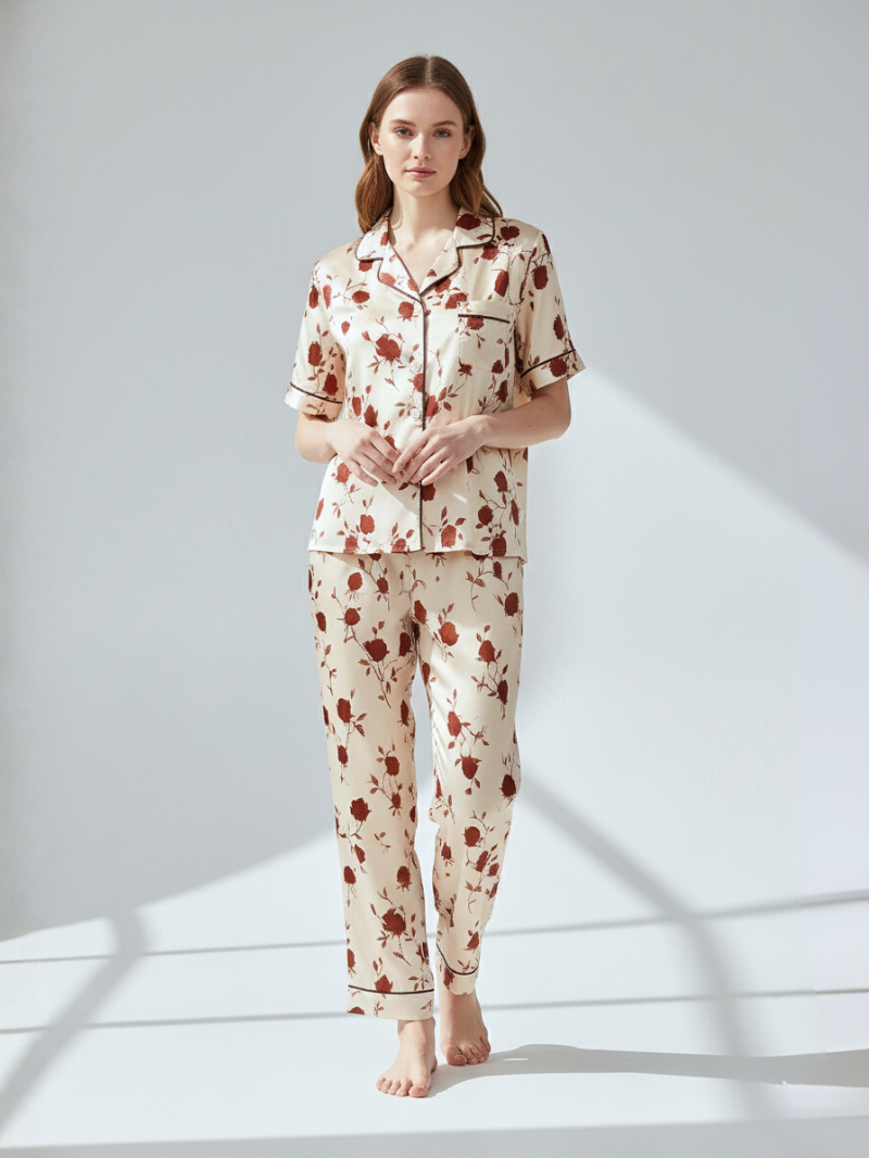 Women’s Pajama Set – Soft, Breathable Short Sleeve Polyester Sleepwear with Pants