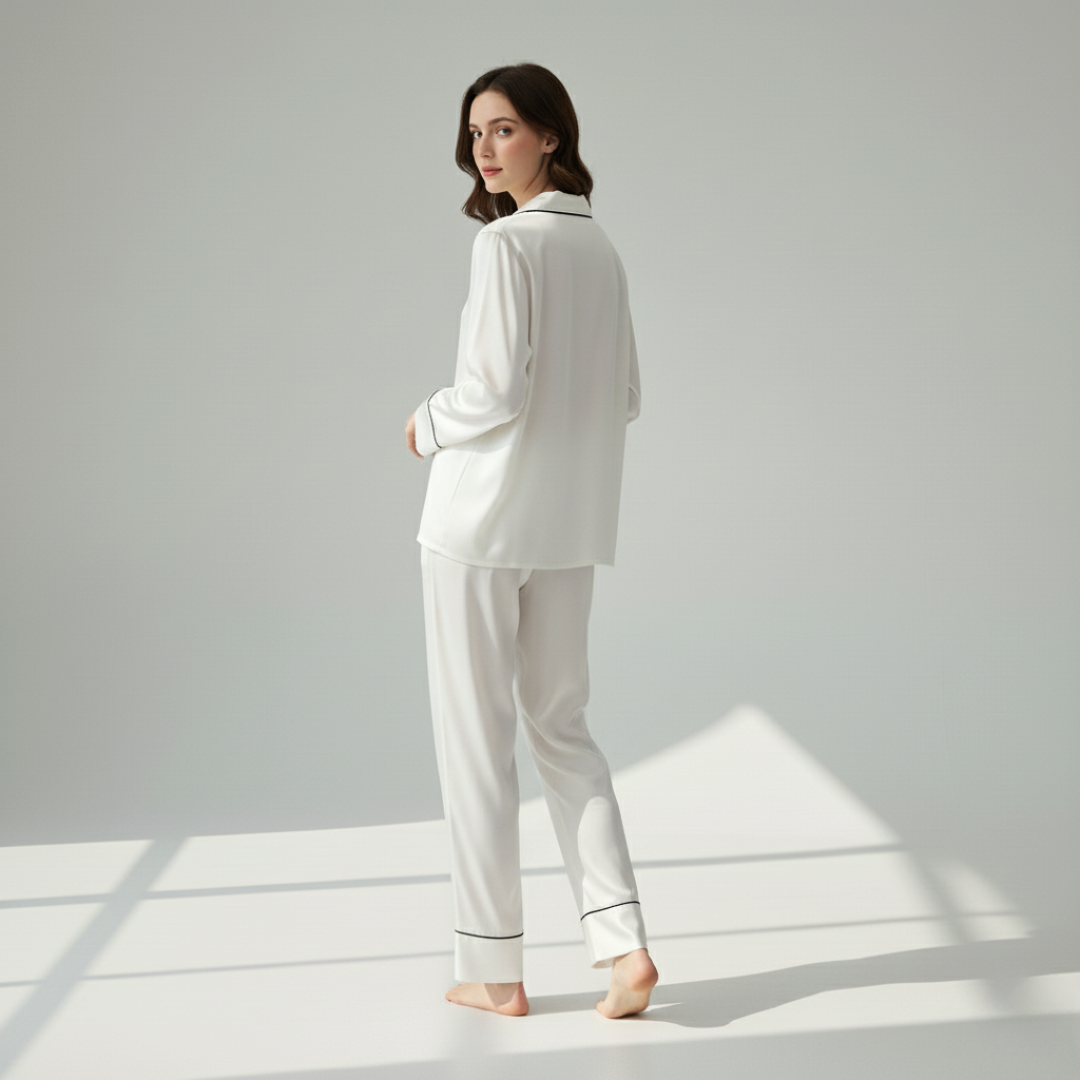 Women’s 100% Mulberry Silk Pajama Set – Long Sleeve Sleepwear with Contrast Piping