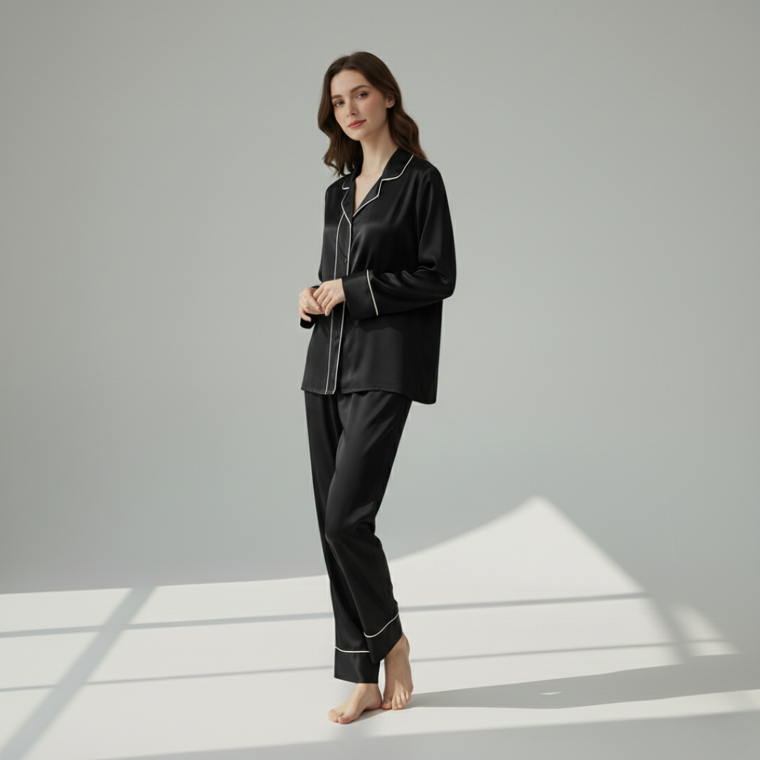 Women’s 100% Mulberry Silk Pajama Set – Long Sleeve Sleepwear with Contrast Piping