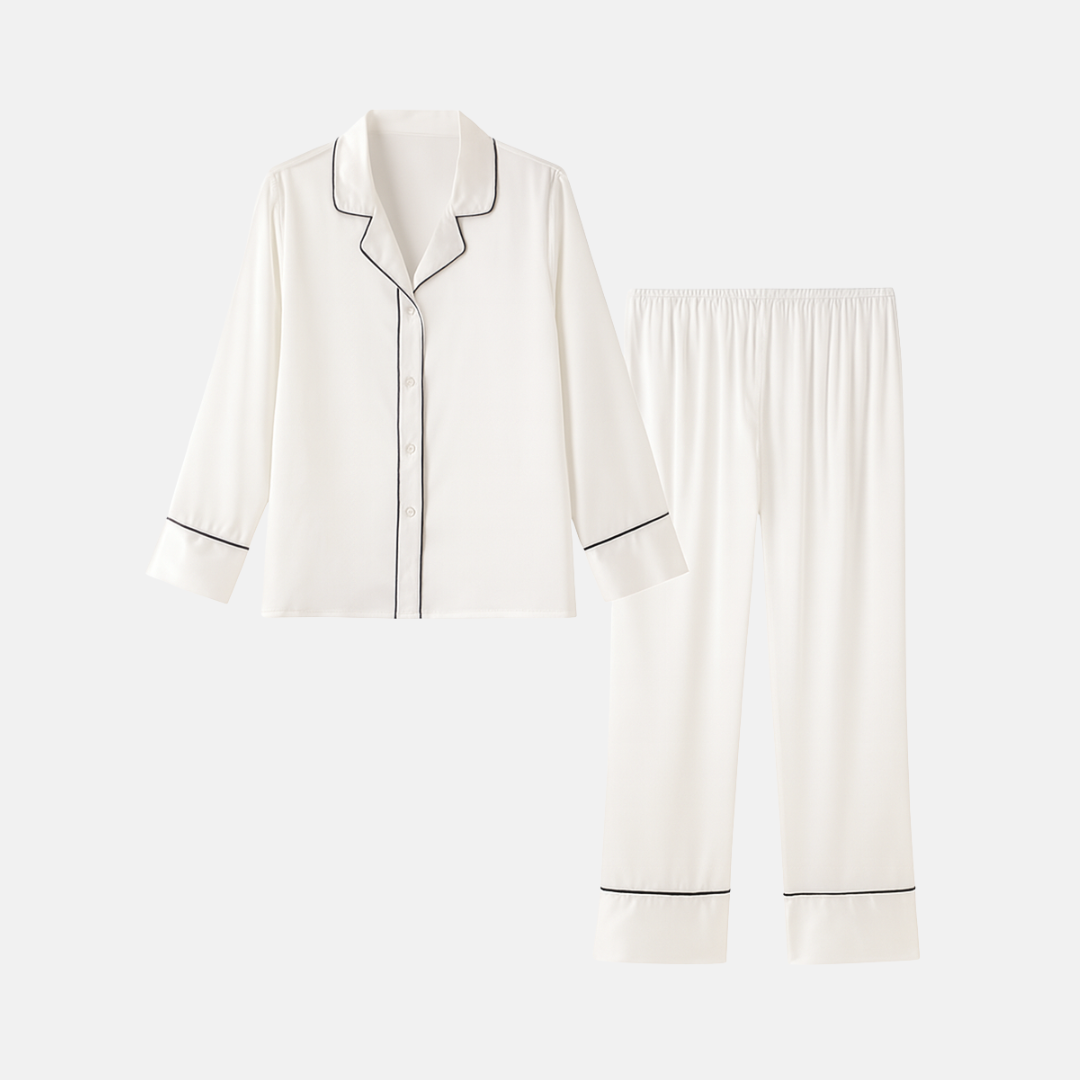 Women’s 100% Mulberry Silk Pajama Set – Long Sleeve Sleepwear with Contrast Piping