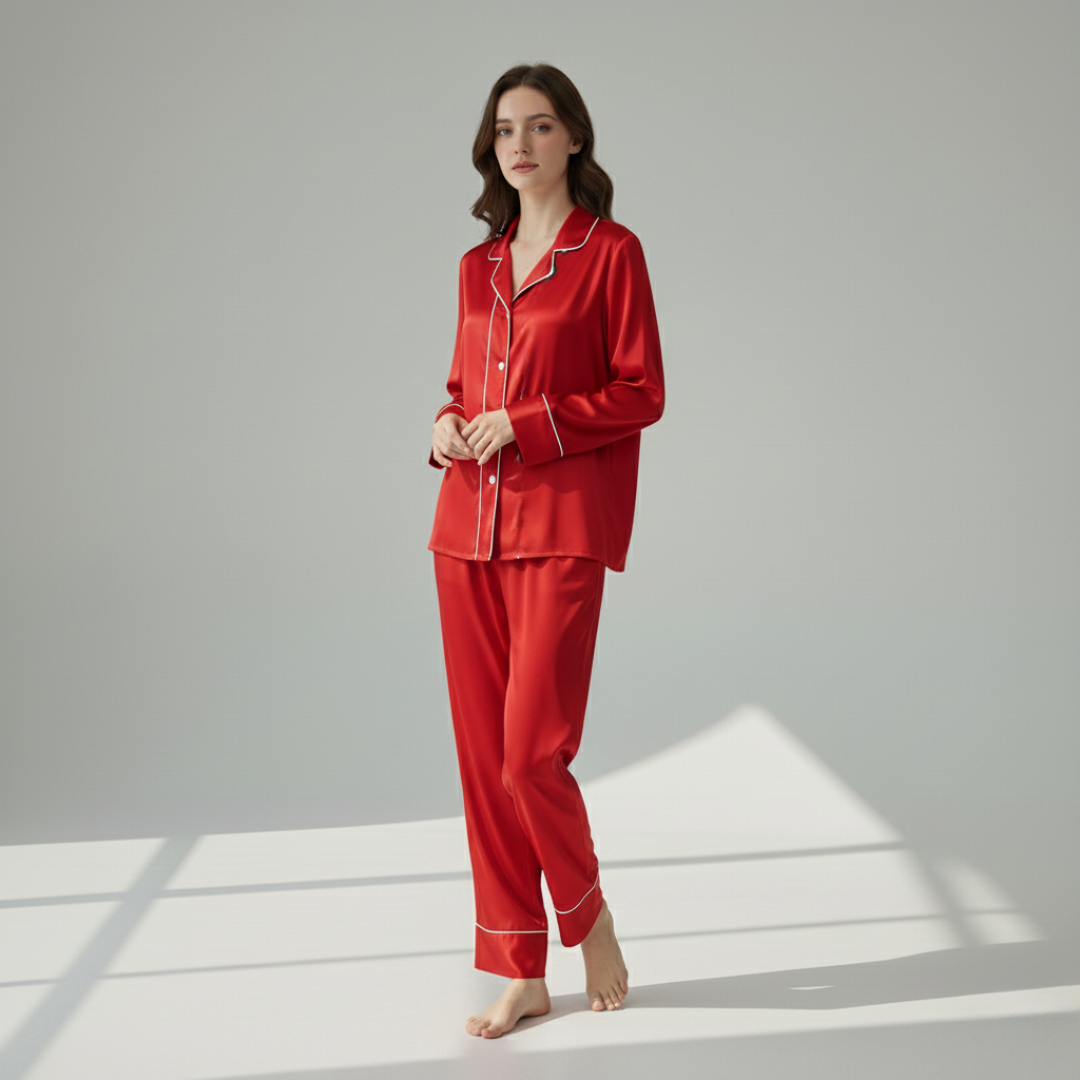 Women’s 100% Mulberry Silk Pajama Set – Long Sleeve Sleepwear with Contrast Piping