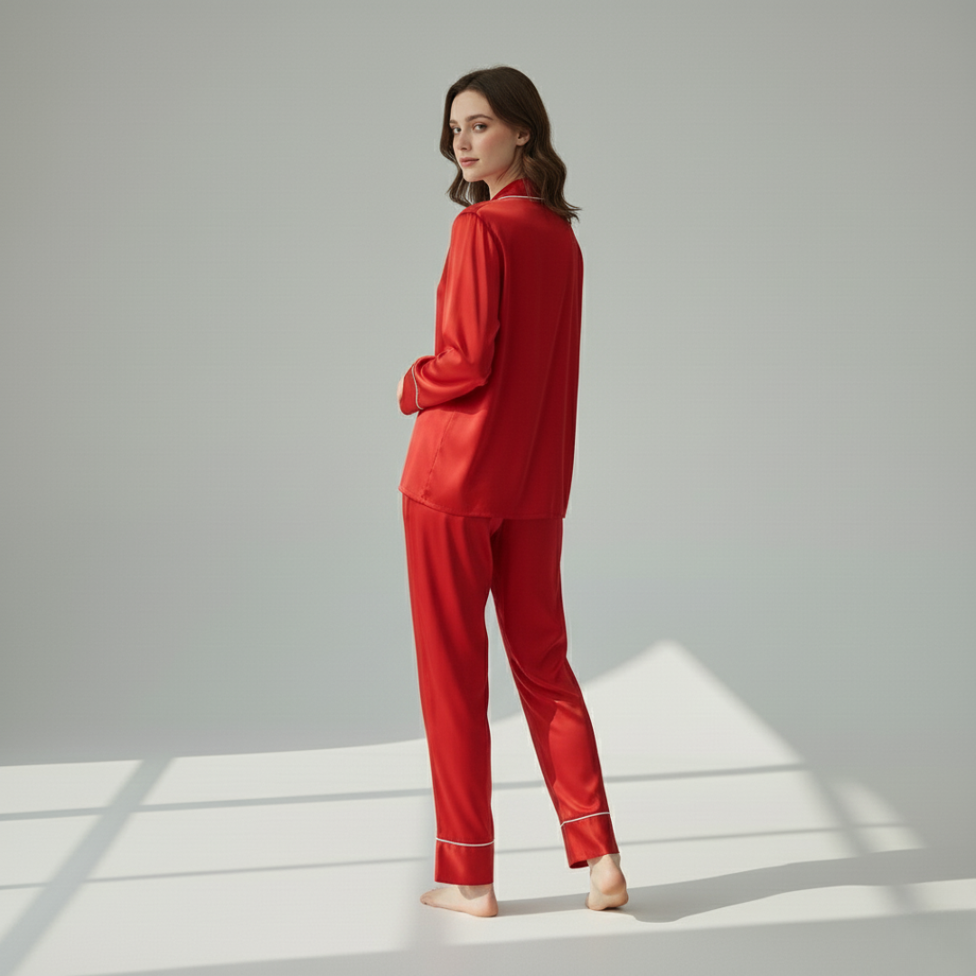 Women’s 100% Mulberry Silk Pajama Set – Long Sleeve Sleepwear with Contrast Piping
