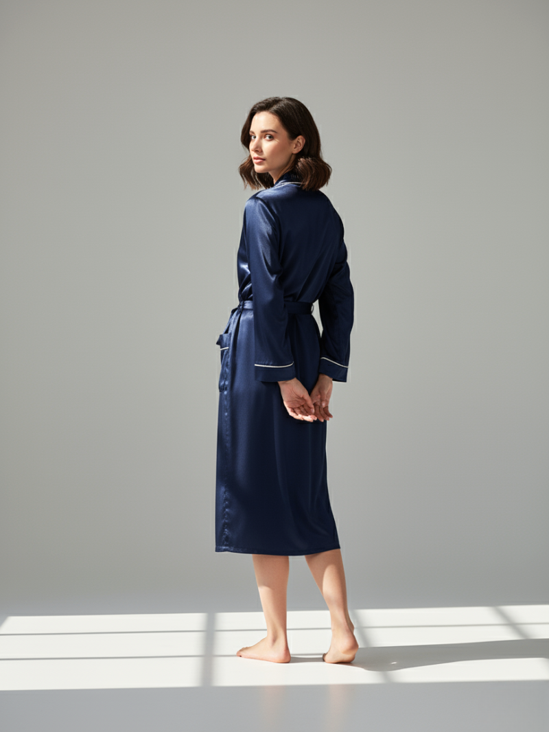 100% Mulberry Silk Long Robe for Women – Luxury Sleepwear & Elegant Loungewear with Contrast Trim