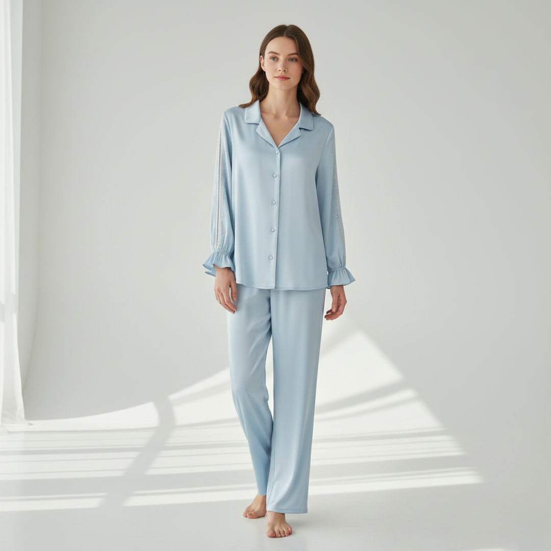 Women’s 100% Mulberry Silk Pajama Set – Long Sleeve with Lace Detail and Ruffled Cuffs
