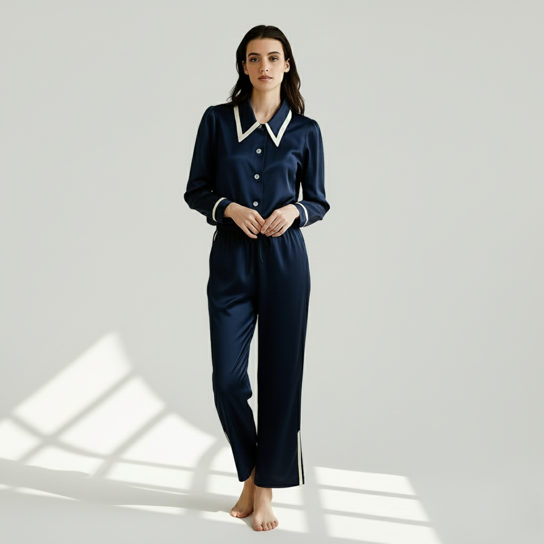 Women’s 100% Mulberry Silk Pajama Set – Elegant Long Sleeve with Flat Collar