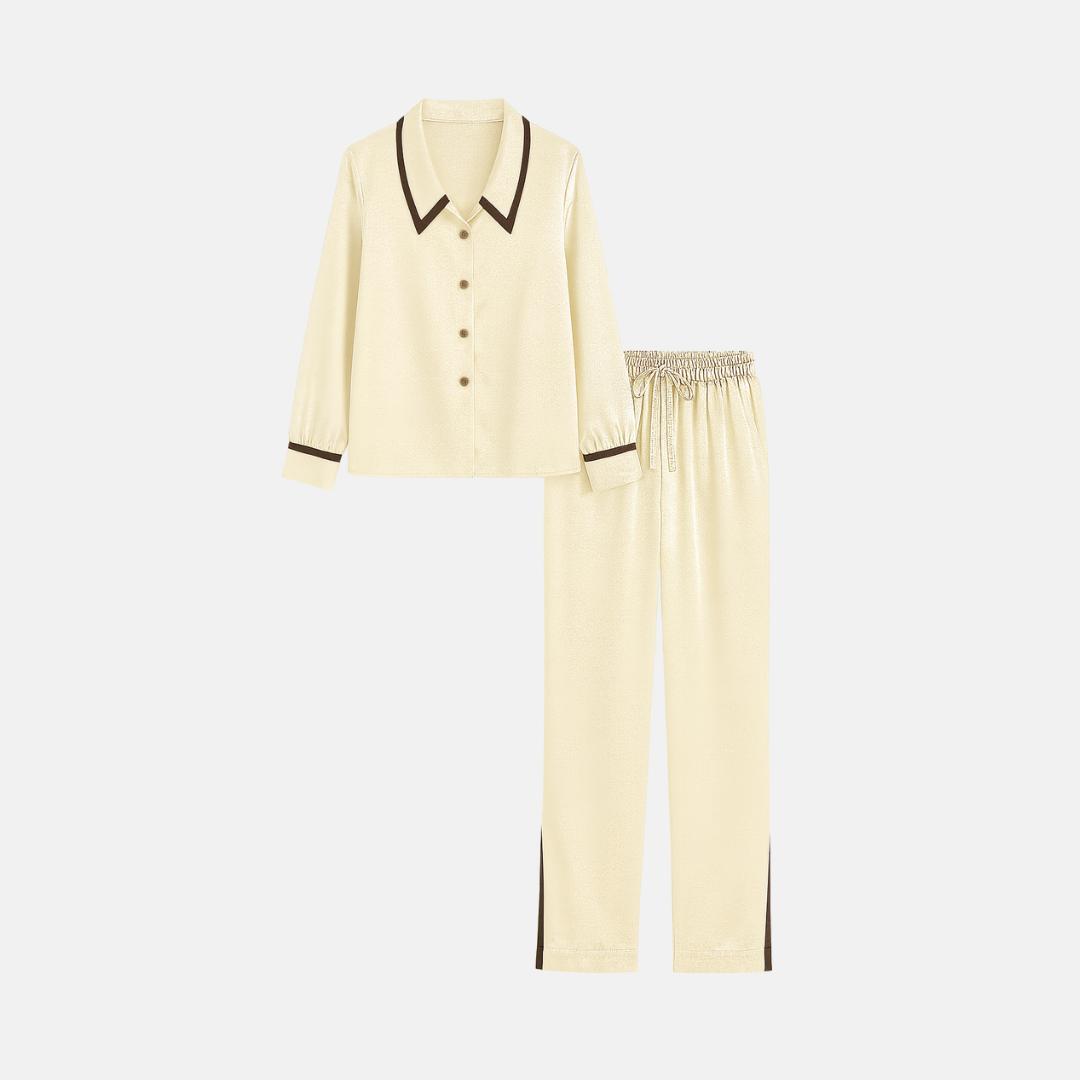 Women’s 100% Mulberry Silk Pajama Set – Elegant Long Sleeve with Flat Collar