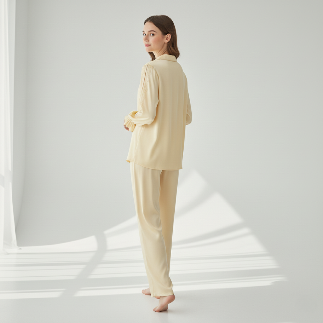 Women’s 100% Mulberry Silk Pajama Set – Long Sleeve with Lace Detail and Ruffled Cuffs