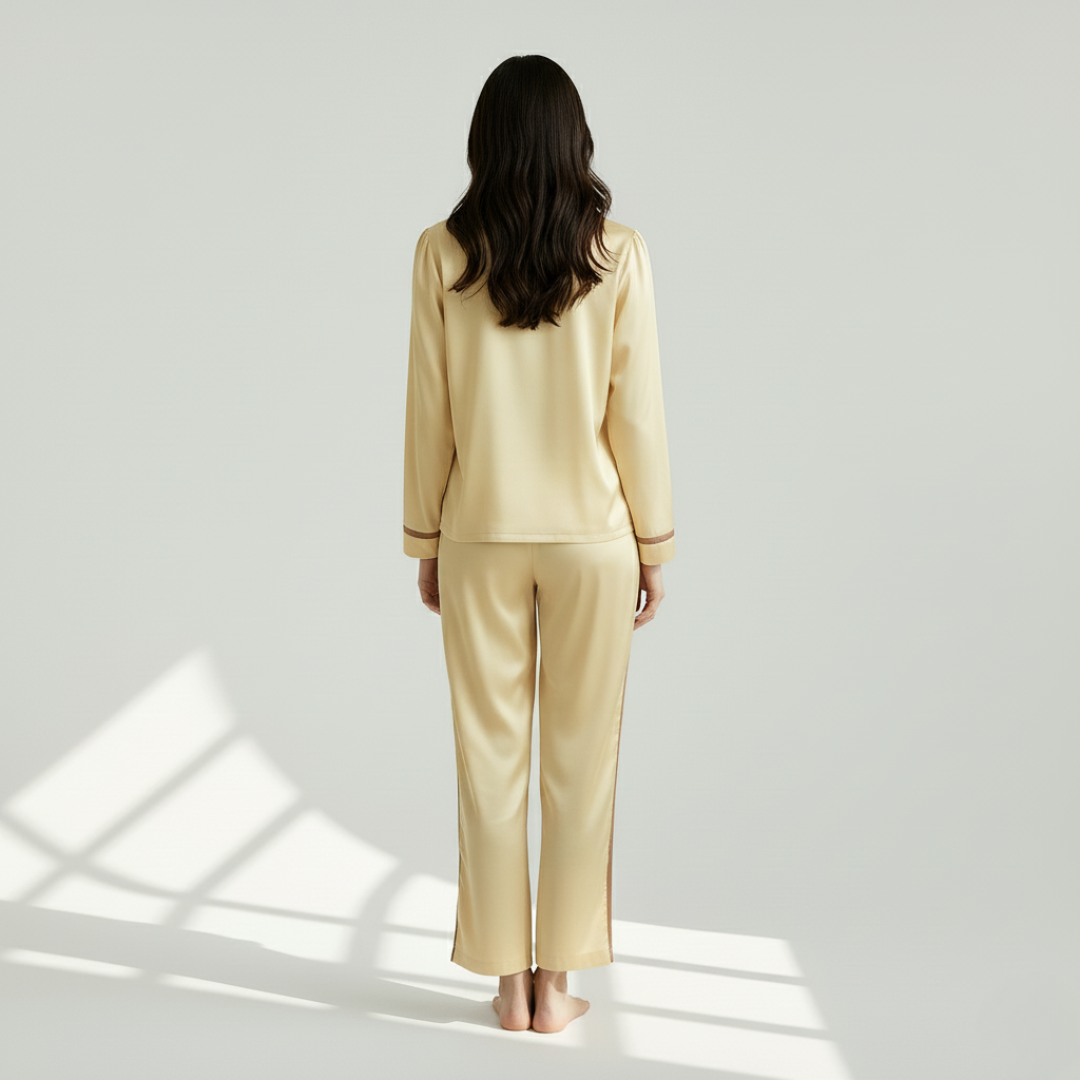 Women’s 100% Mulberry Silk Pajama Set – Elegant Long Sleeve with Flat Collar