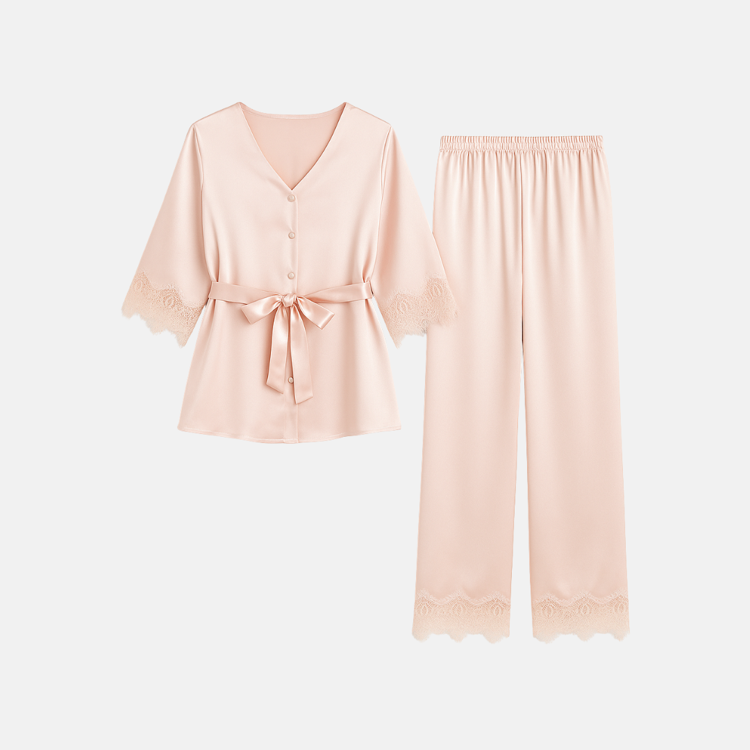 Women’s 100% Mulberry Silk Pajama Set – Lace Trim Long Sleeve with Belt
