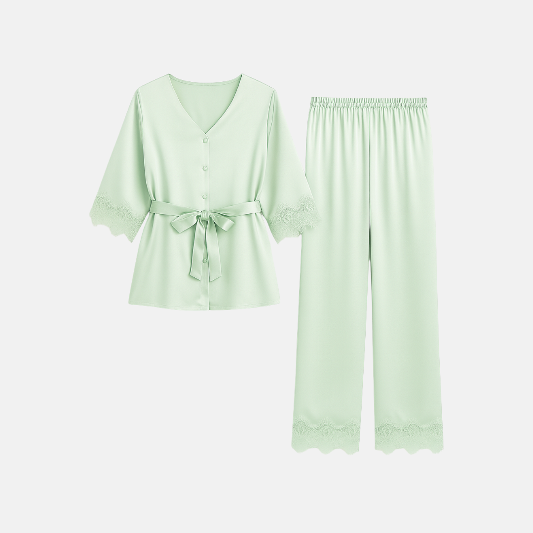 Women’s 100% Mulberry Silk Pajama Set – Lace Trim Long Sleeve with Belt