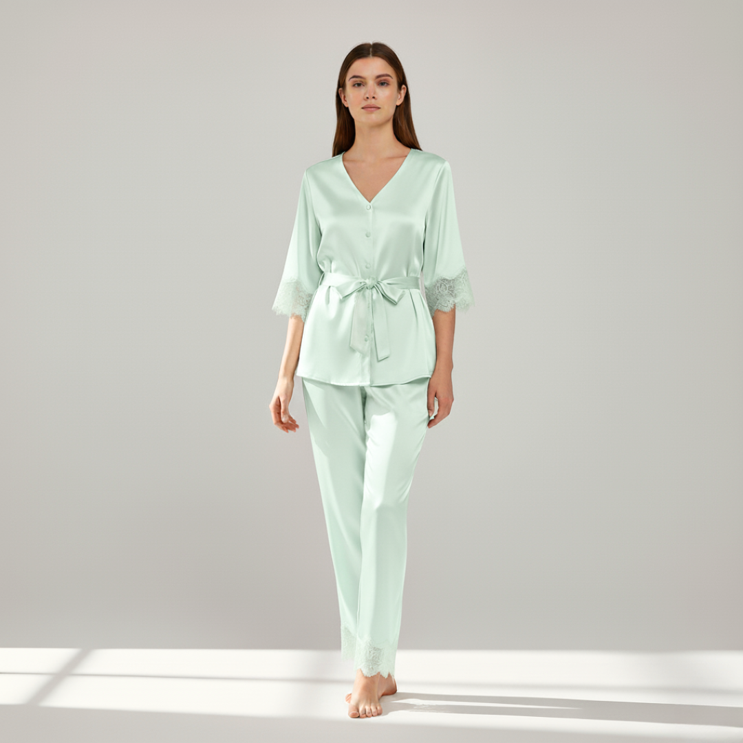 Women’s 100% Mulberry Silk Pajama Set – Lace Trim Long Sleeve with Belt