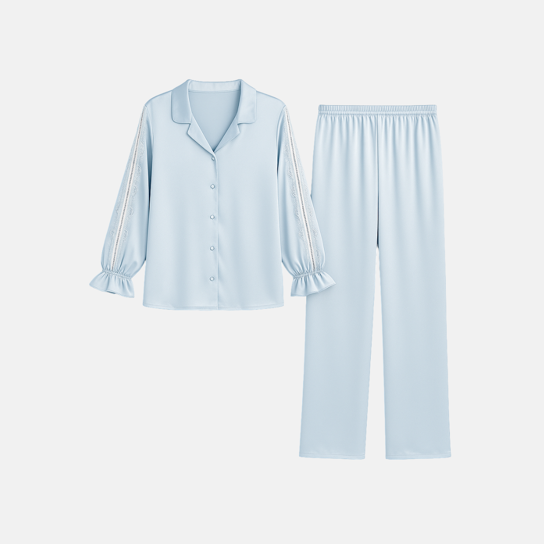 Women’s 100% Mulberry Silk Pajama Set – Long Sleeve with Lace Detail and Ruffled Cuffs