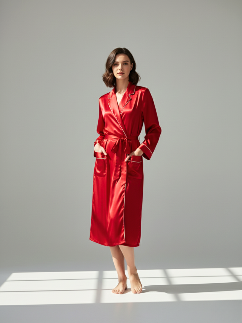 100% Mulberry Silk Long Robe for Women – Luxury Sleepwear & Elegant Loungewear with Contrast Trim