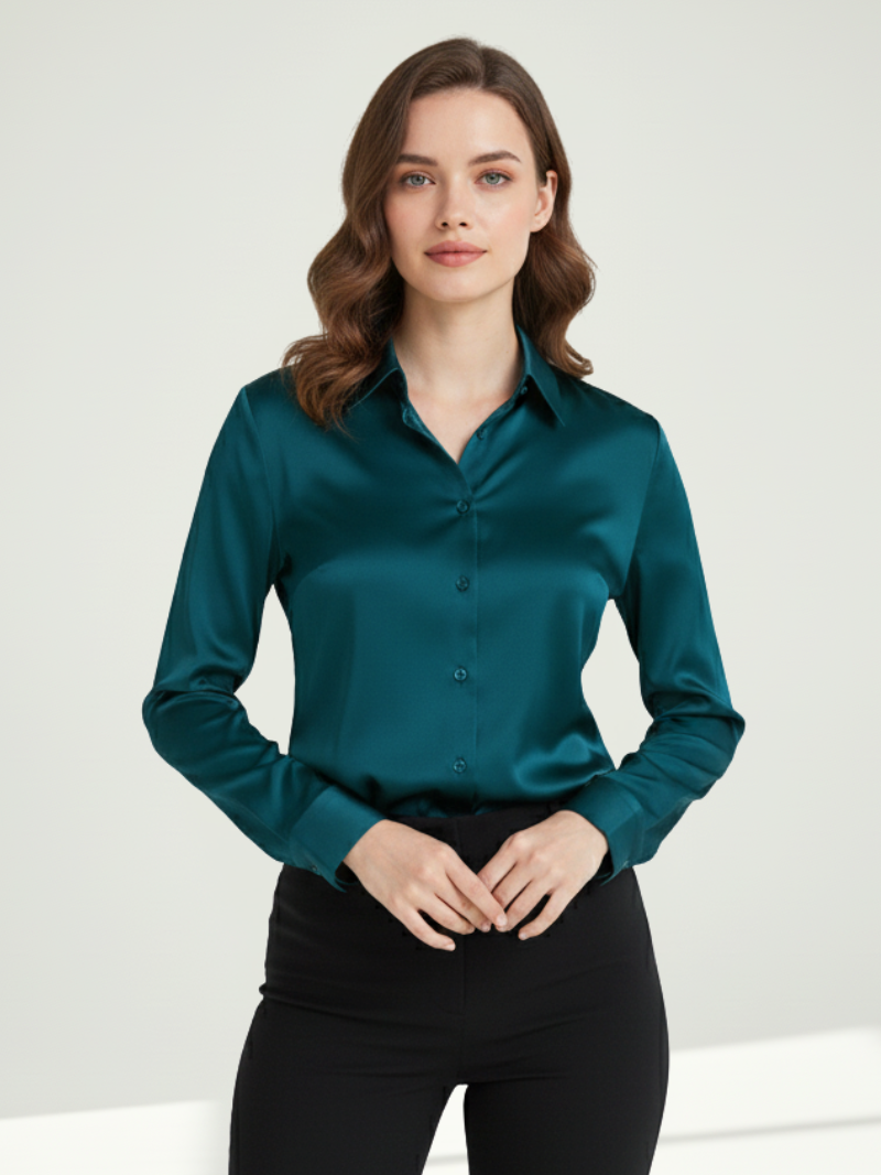 Women’s 100% Mulberry Silk Long-Sleeve Shirt – Professional Suit Top