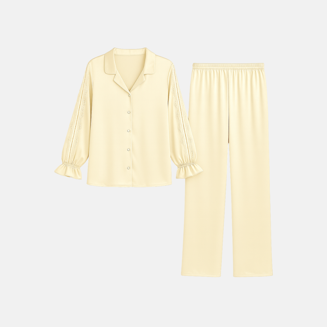 Women’s 100% Mulberry Silk Pajama Set – Long Sleeve with Lace Detail and Ruffled Cuffs