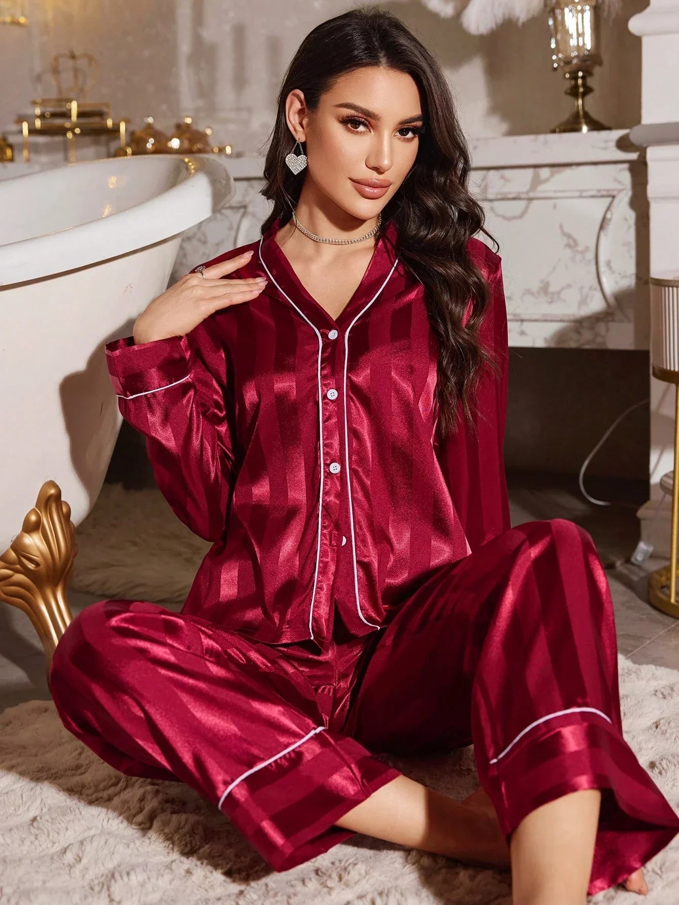 Sophia Red Faux Silk Pajama Set – V-Neck Cardigan and Pants for Women - Silken & Dreams
