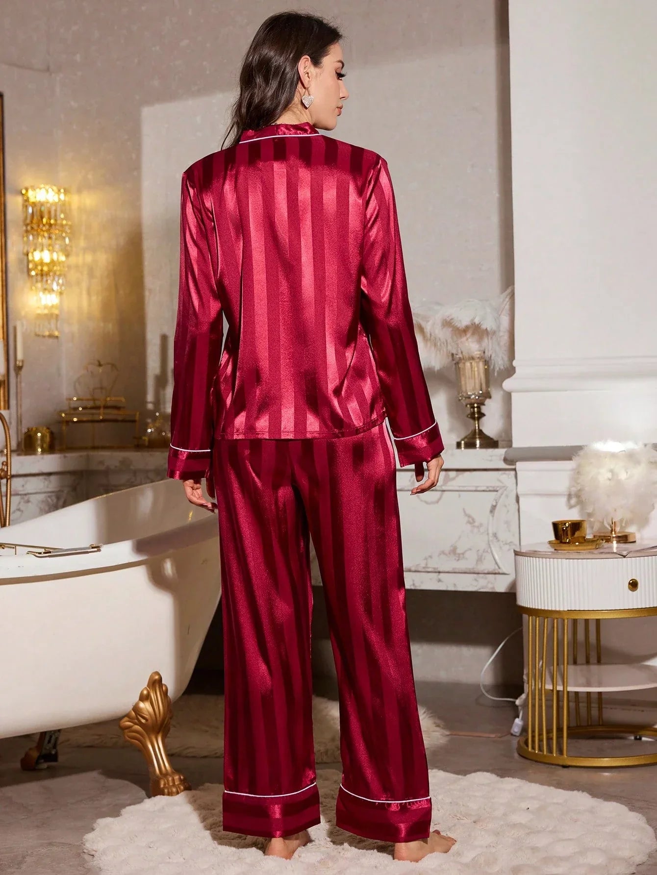 Sophia Red Faux Silk Pajama Set – V-Neck Cardigan and Pants for Women - Silken & Dreams