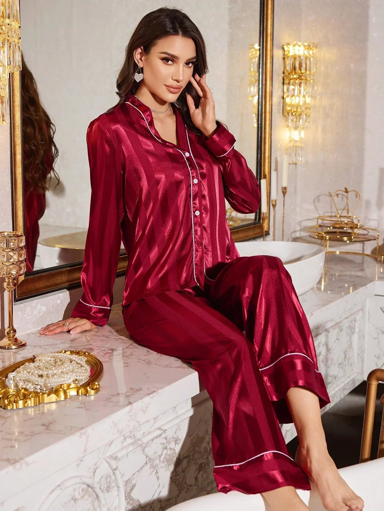 Sophia Red Faux Silk Pajama Set – V-Neck Cardigan and Pants for Women - Silken & Dreams