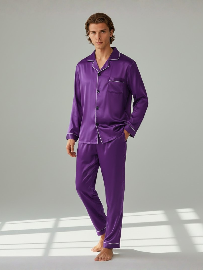Men's Ice Silk Pajamas – Long Sleeve Pants Set for Spring and Autumn, Casual Summer Silk Suit