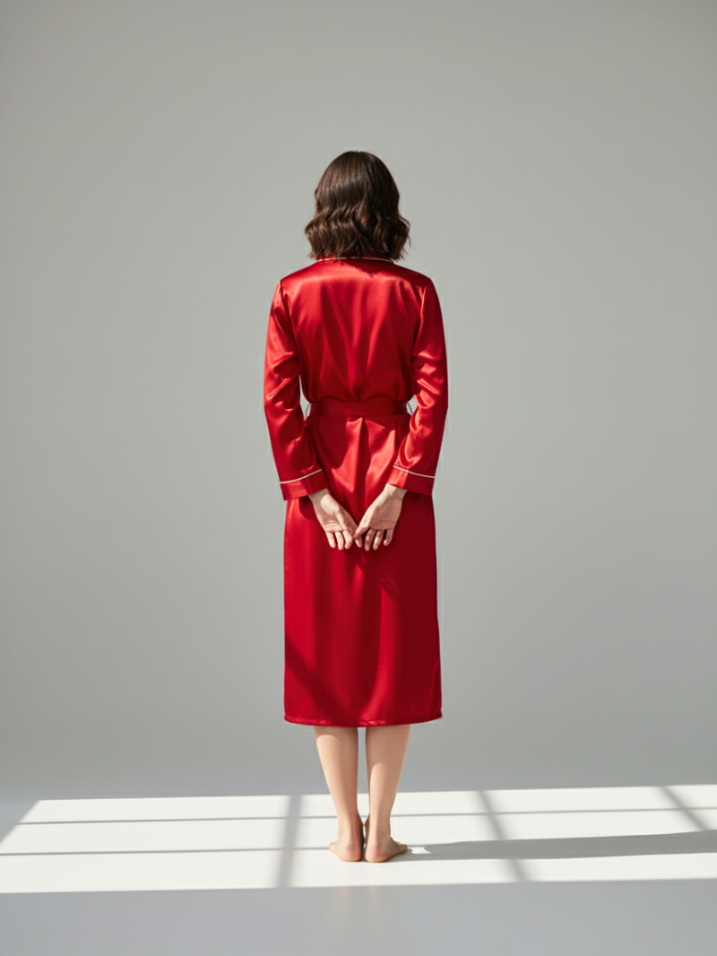 100% Mulberry Silk Long Robe for Women – Luxury Sleepwear & Elegant Loungewear with Contrast Trim