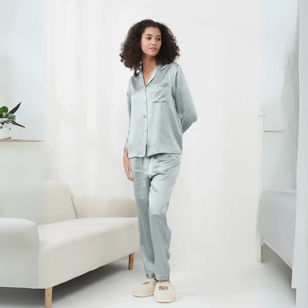 Polyester Pajama Set for Women – Soft, Breathable, Luxury Sleepwear with Long Sleeves & Pants - Silken & Dreams