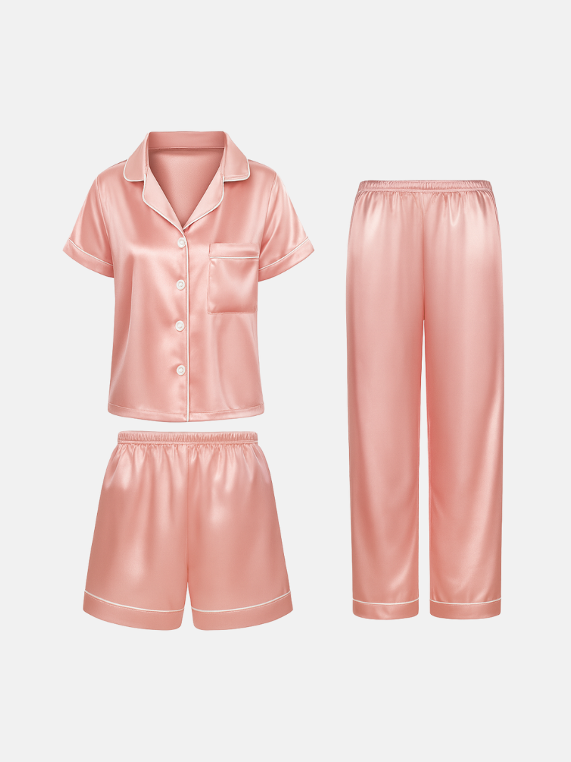 Kids 3 Piece Pajama Set – Cozy Girls Sleepwear with Shorts, Pants & Collared Top