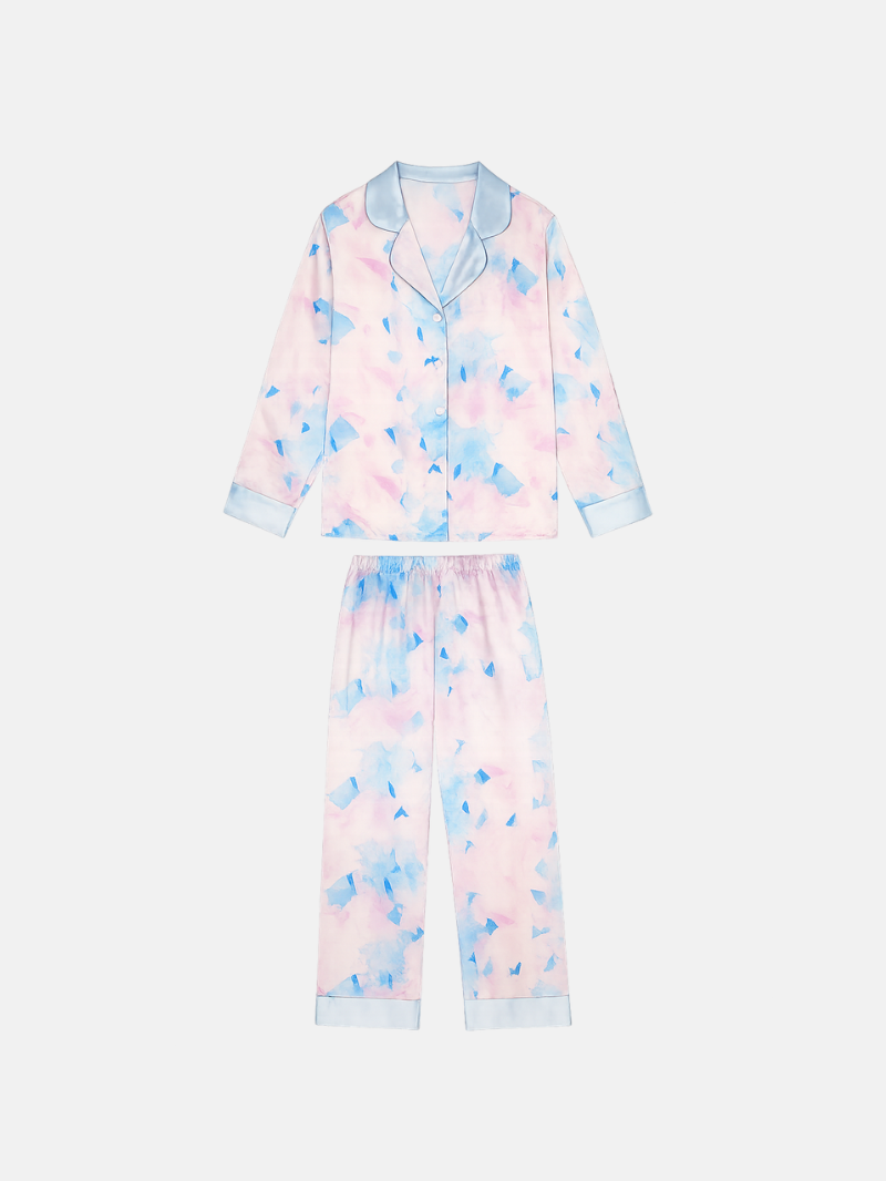 Luxury 100% Mulberry Silk Pajama Set for Women – Watercolor Print, Long Sleeve & Pants