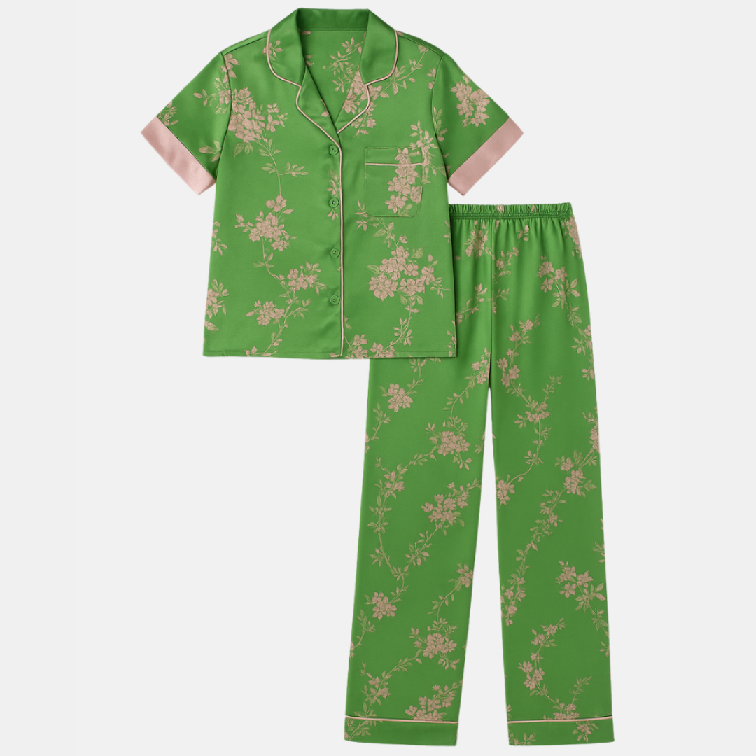 Women's Chinese Style Silk Lounge Set – Short Sleeve Top and Long Pants for Elegant Comfort