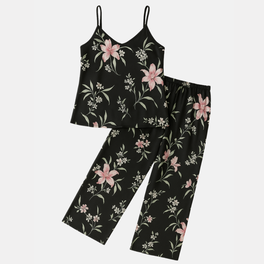 Women's Solid Silk Pajama Set – Crew Neck Camisole Top and Elastic Waist Pants for Everyday Comfort