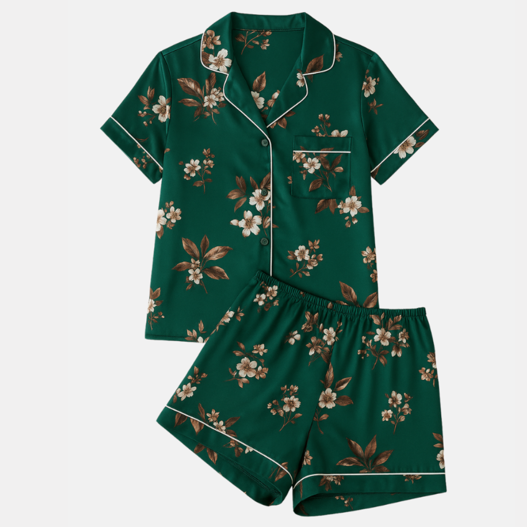 Elegant Butterfly Print Silk Pajama Set with Contrasting Trim – Luxury Women's Sleepwear