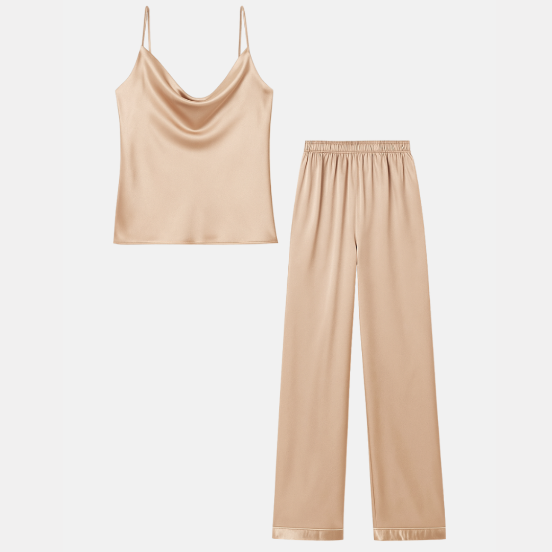 Luxury Women's Silk Pajama Set – V-Neck Cami Top and Long Pants for Sleep & Lounge