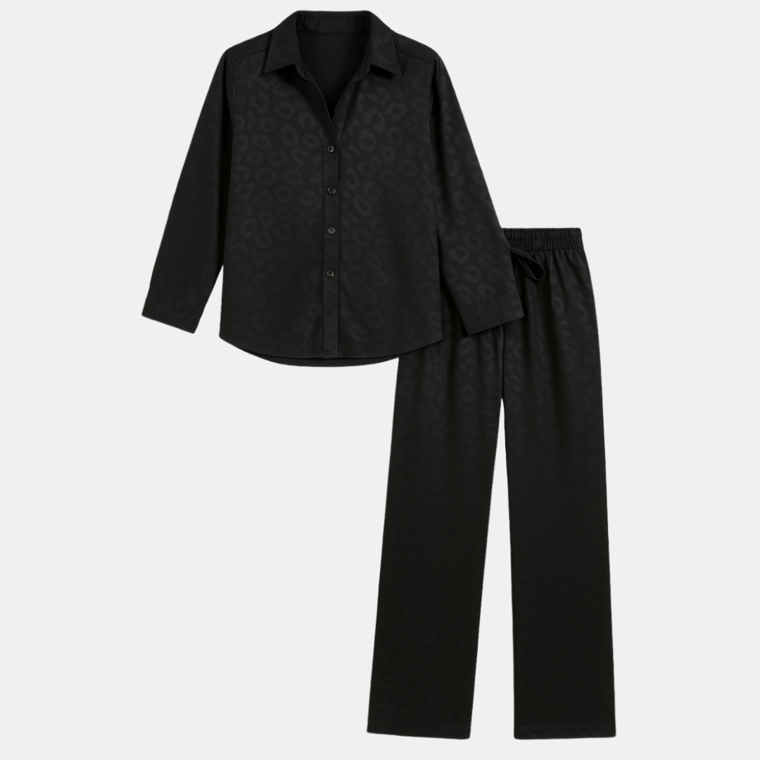 Women's Elegant Two-Piece Pajama Set - Silk Wide Leg Pants & Casual Shirt