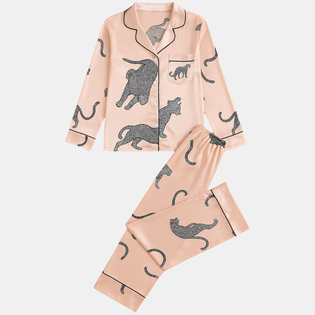 Leopard Print Satin Silk Pajama Set – Stylish, Soft Sleepwear for Women with Long Sleeve Top & Pants
