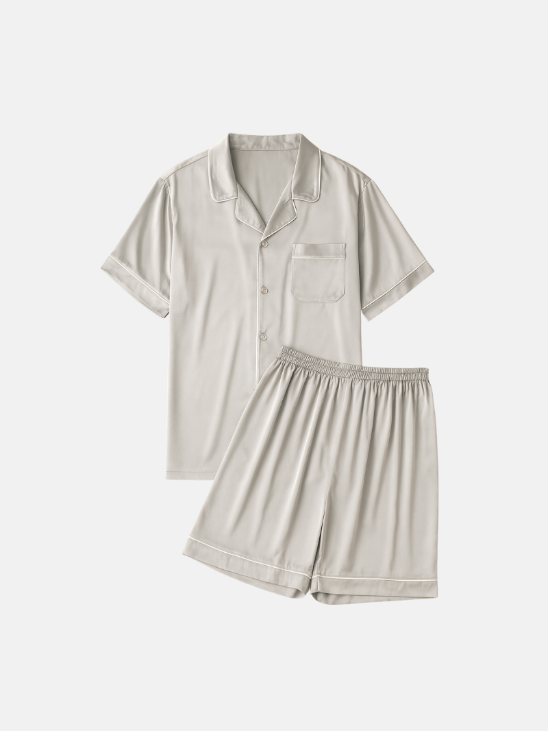 Breathable Men’s Silk-Like Pajama Set – Short Sleeve Button-Up Shirt & Shorts | Summer Sleepwear & Comfortable Loungewear with Pockets