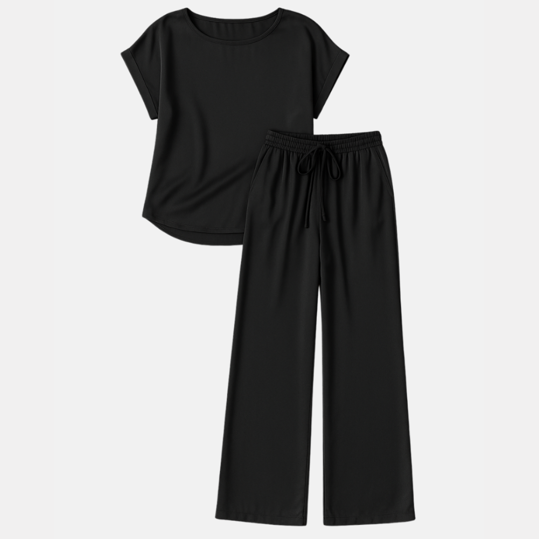 Women's Elegant Satin Pajama Set with Crew Neck and Short Sleeves