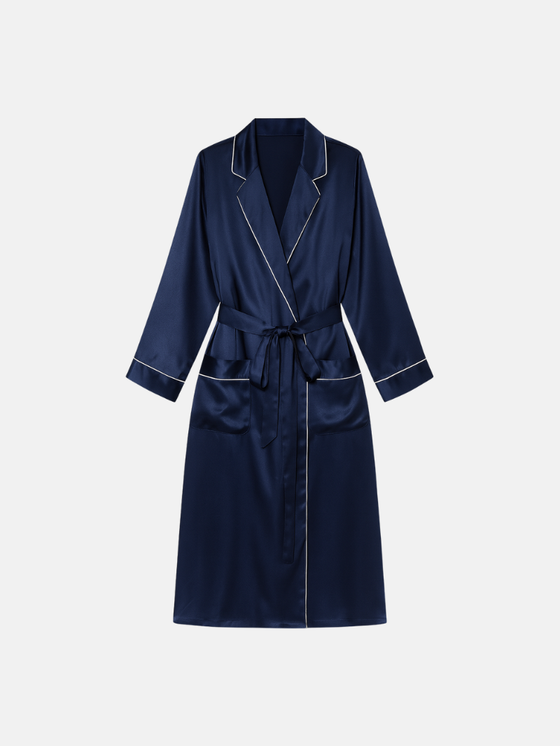 100% Mulberry Silk Long Robe for Women – Luxury Sleepwear & Elegant Loungewear with Contrast Trim