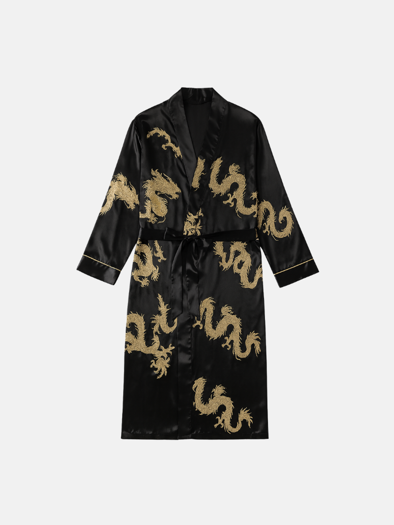 Men’s Lightweight Long Sleeve Robe with Golden Dragon Print – Stylish Loungewear & Pajama Cover-Up for All Seasons