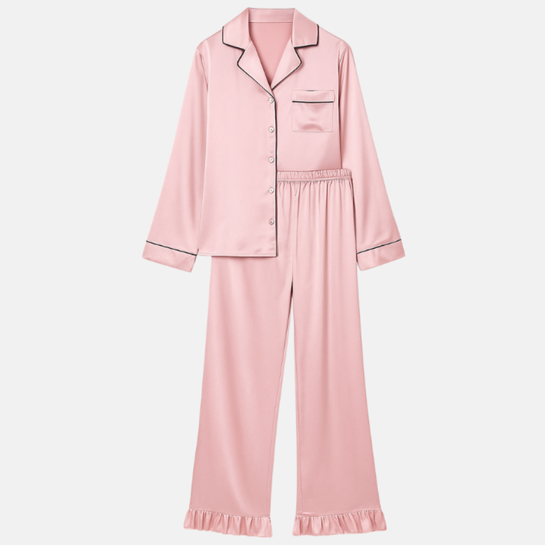 Soft Satin Pajamas Set for Women – 2-Piece Long Sleeve Sleepwear & Elegant Button Loungewear