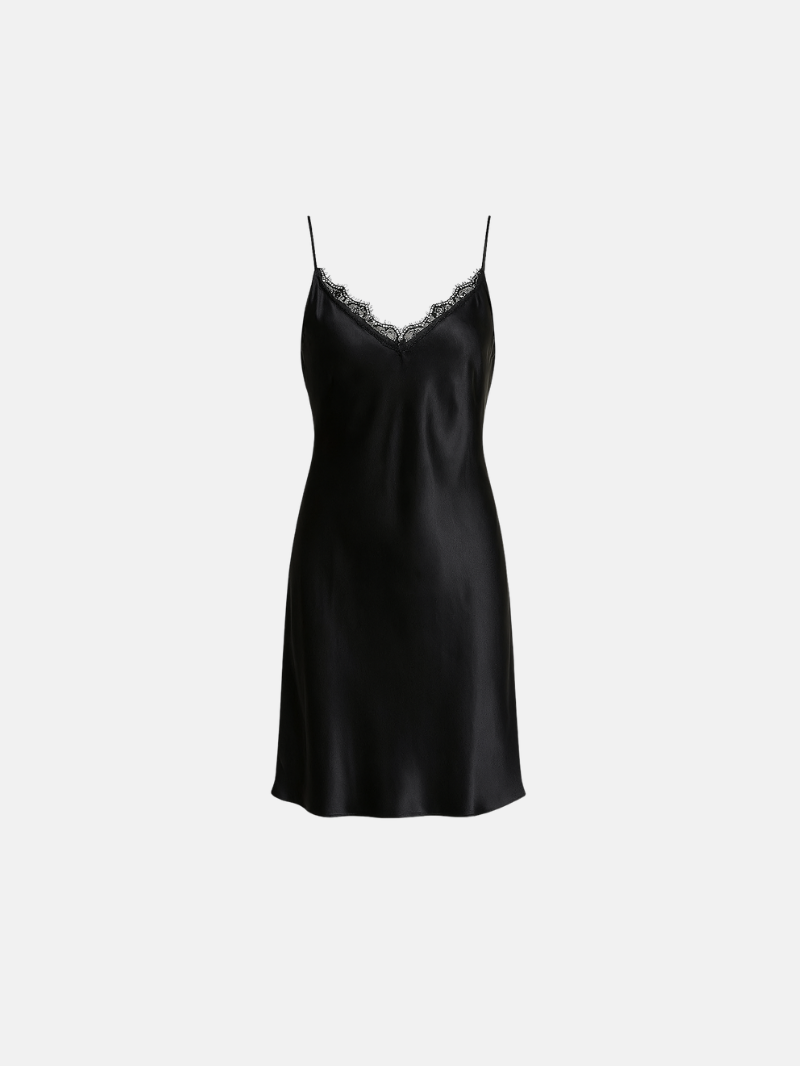 100% Mulberry Silk Slip Dress – V-Neck Lace Trim with Open Criss-Cross Back