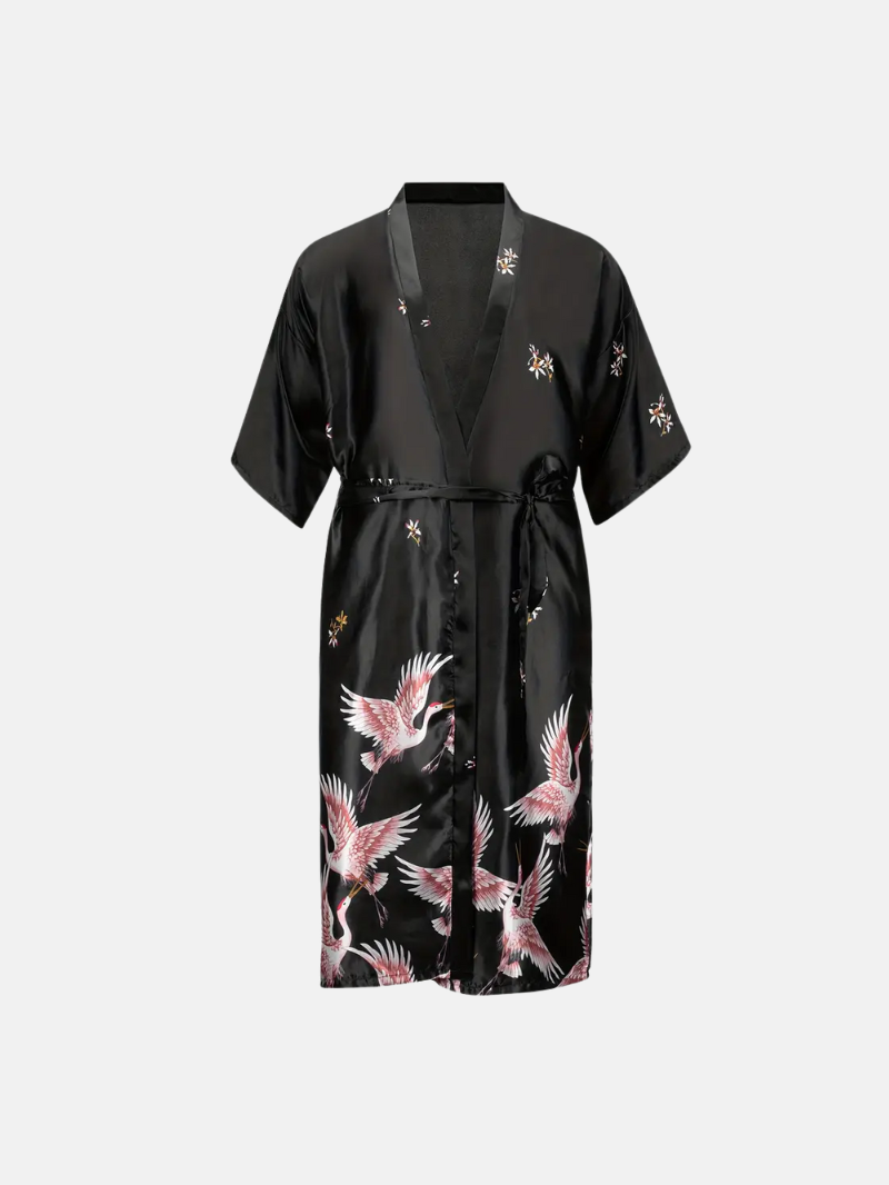 Loose Long Shirt with Crane Print – Comfortable Tie-Back Homewear with Pocket for Spring and Summer