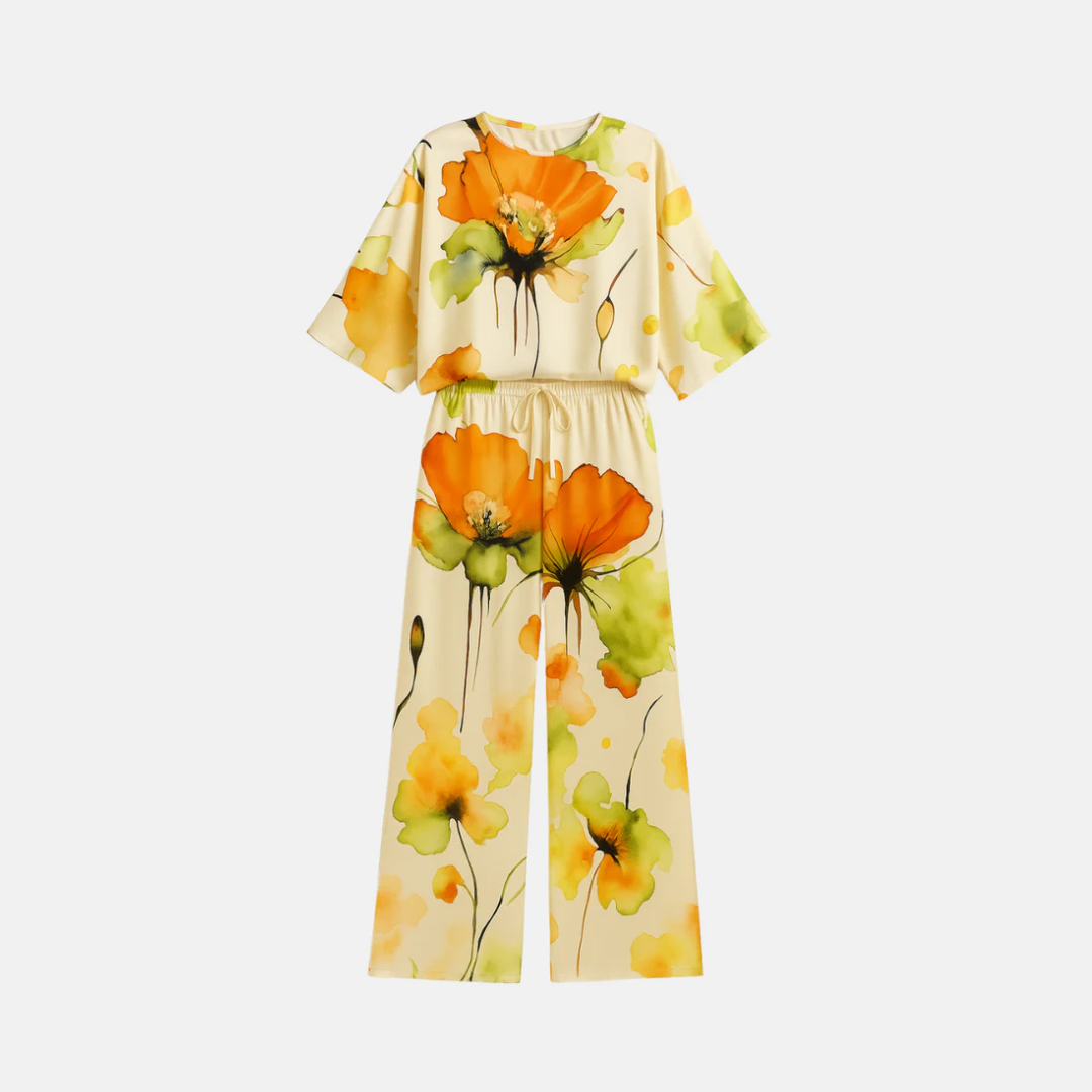 Women's Satin Two-Piece Set – Elegant Floral Top with Wide-Leg Pants for Casual Chic Style