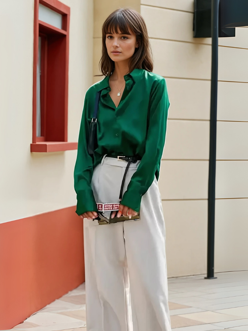 Green Satin Long Sleeve Blouse – Elegant Women’s Shirt for Spring and Autumn Fashion