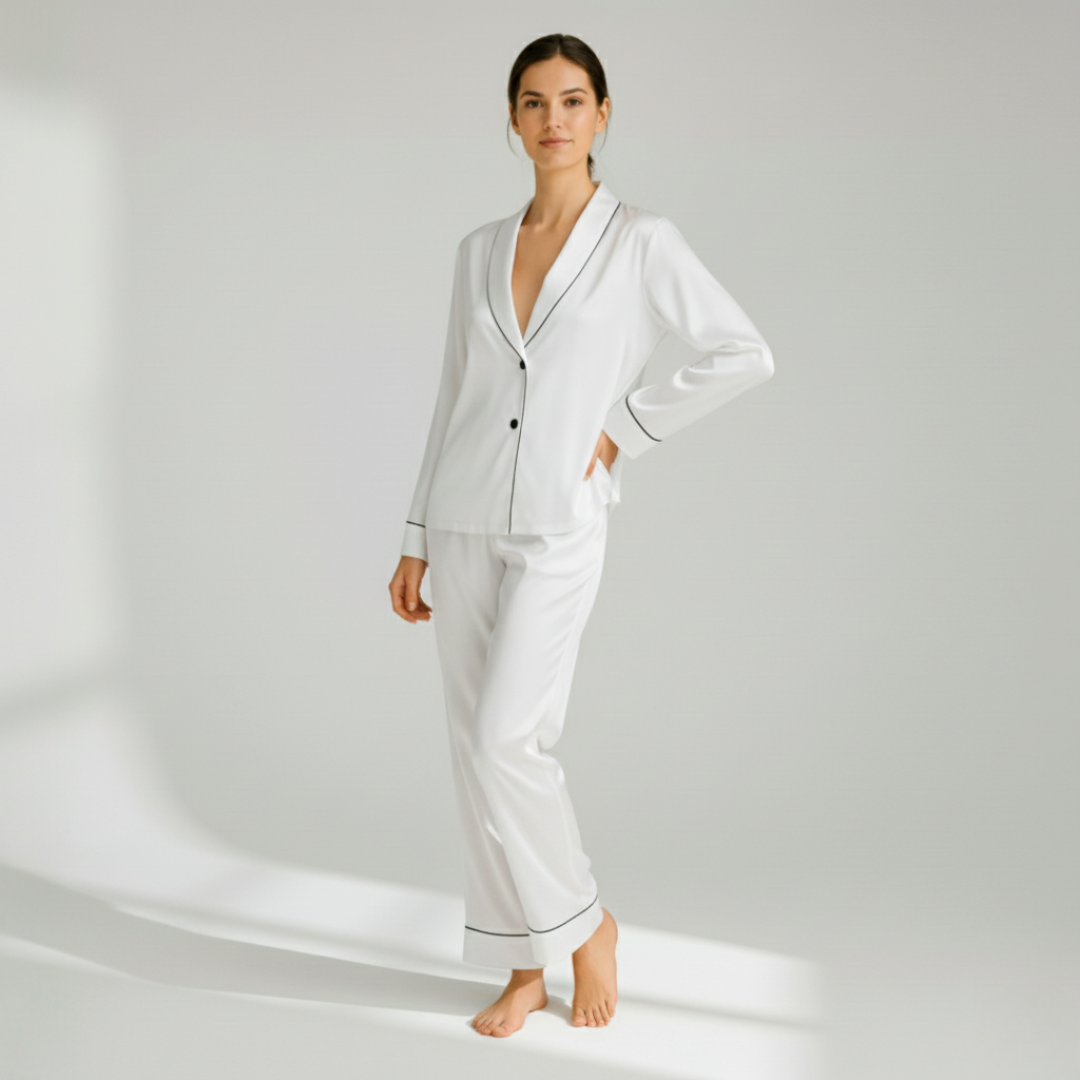 100% Mulberry Silk Pajama Set – Long Sleeve Peter Pan Collar Top & Relaxed Pants