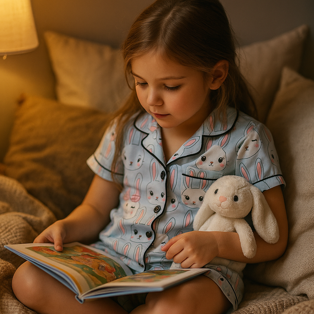 Kids’ Satin Pajama Set – Cute Bunny Print Short Sleeve Sleepwear